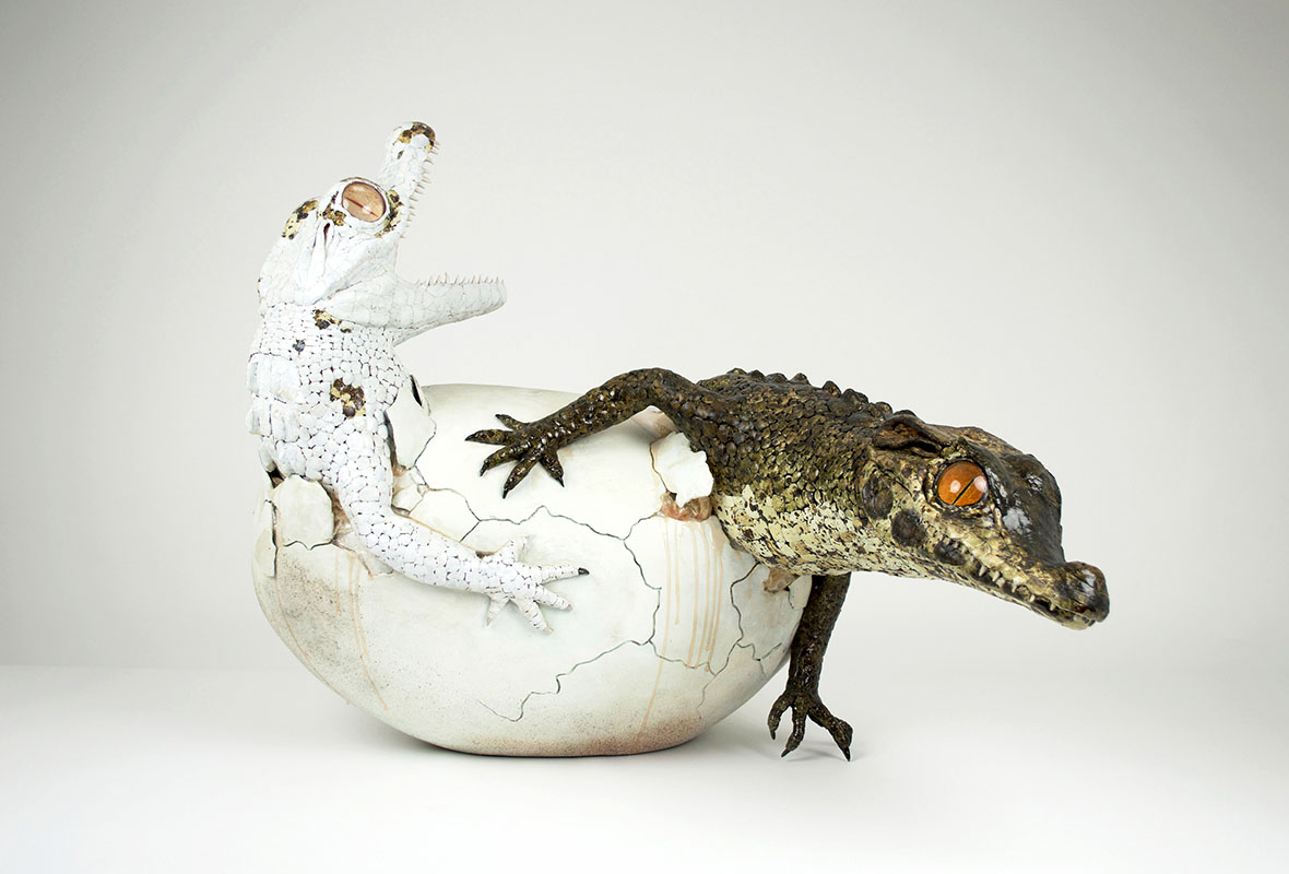 Sculpture by Sarah Lee. Yin and Yang" Clay, resin, fiberglass, plastic, quail eggshells, 28" x 29" x 36"
