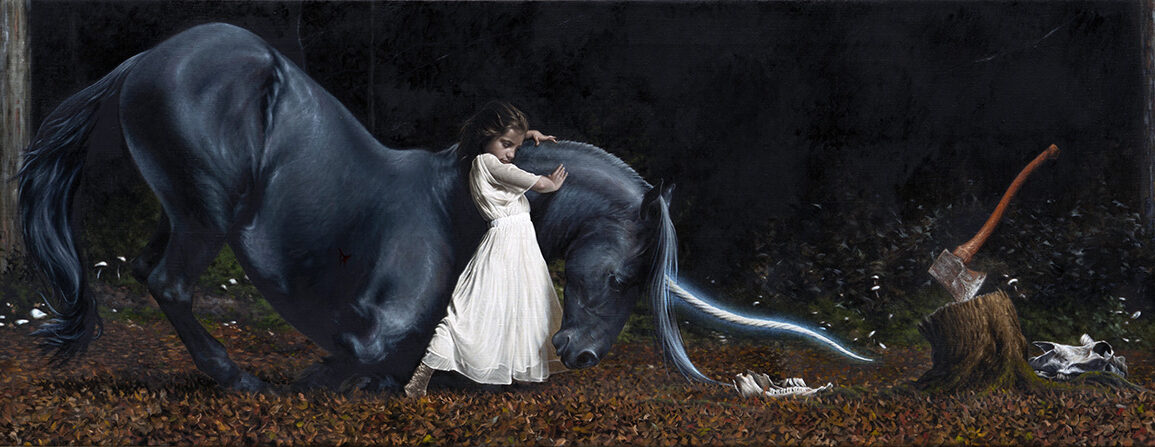 figurative painting by victor grasso of little girl and black unicorn