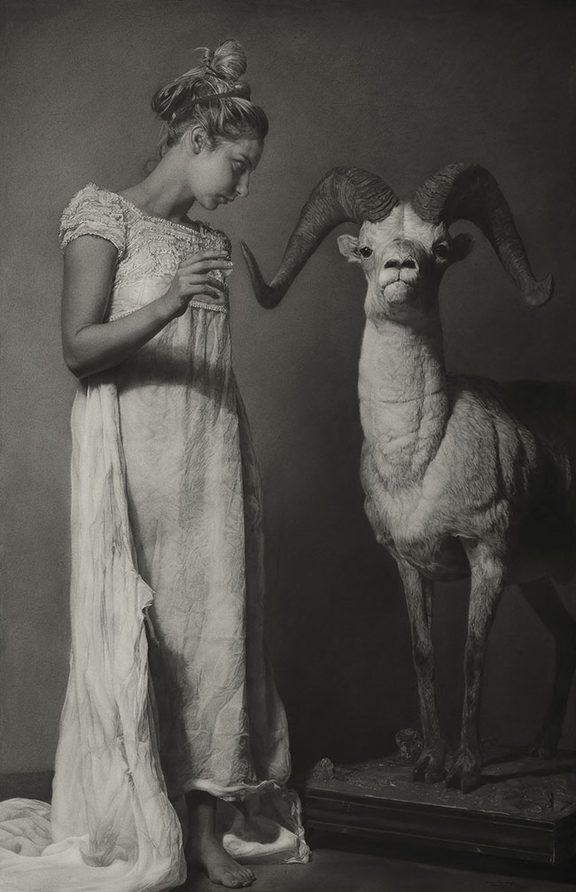 Charcoal Drawing by Annie Murphy-Robinson. "Emily and the Ram (conjuring)" [Sanded Charcoal on Paper, 65" x 42"]
