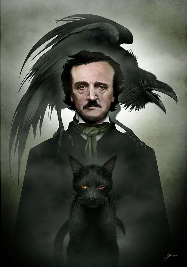 Digital painting by Mister Sam Shearon. "Edgar Allen Poe" [Digital Painting, Traditional pencil and ink, scanned into Dell laptop, repainted with Photoshop]