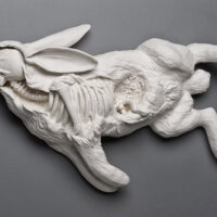 kate macdowell - surreal ceramic sculpture of a dead bunny with his skeleton showing