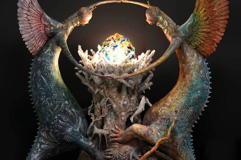 Akishi Ueda- two creatures surrounding orb - japanese sculptor - Art prize 2019 - sculpture award